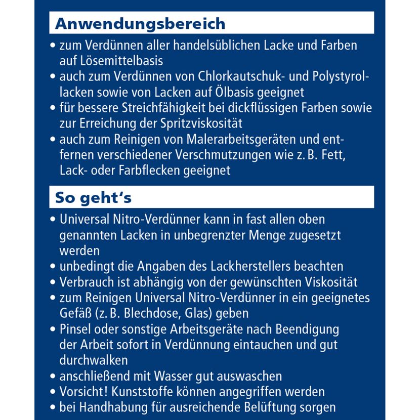 Anwendungsbereich und Gebrauchsanweisung Universal Nitro-Verdünner