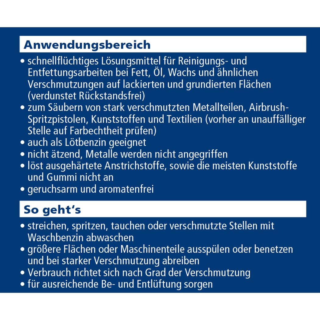Waschbenzin, Anwendungsbereich und Anwendung