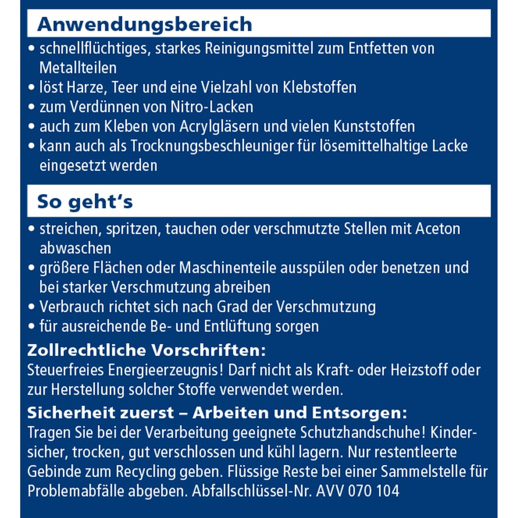 Anwendungsbereich und Gebrauchsanweisung für Aceton