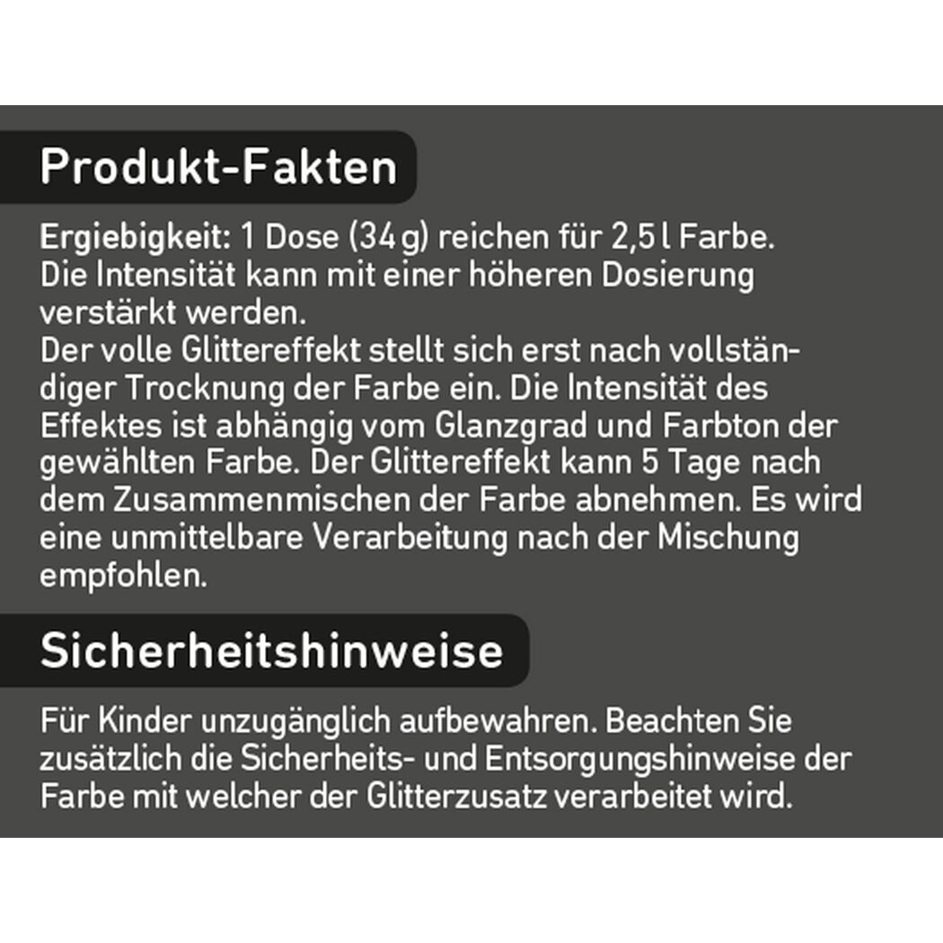Produktfakten und Sicherheitshinweise für Glitterzusatz