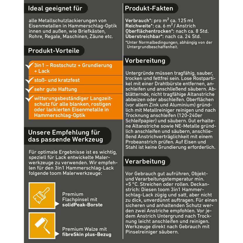 toom 3in1 Hammerschlag-Lack silbergrau 750 ml