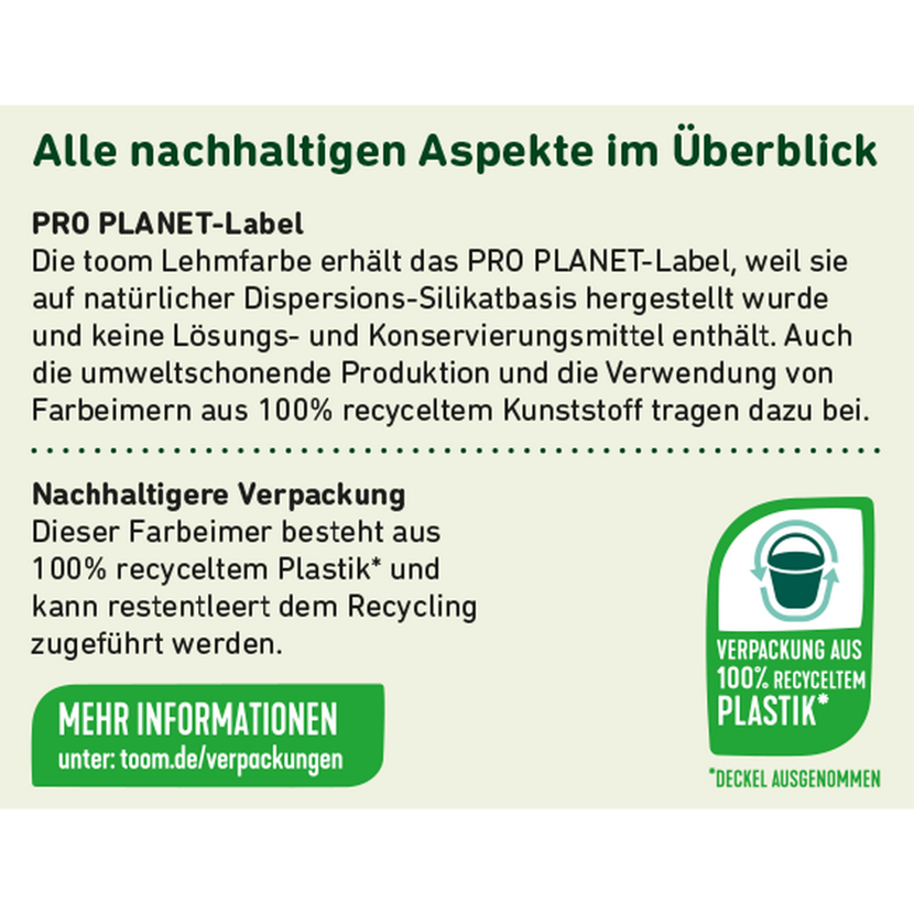 Nachhaltige Verpackung für toom Lehmfarbe aus 100% recyceltem Plastik.