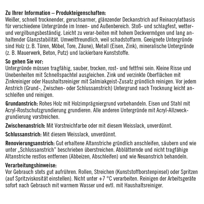 Produkteigenschaften von glänzendem weißem Deckanstrich