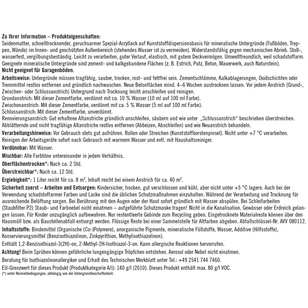 Produkteigenschaften der Zementfarbe