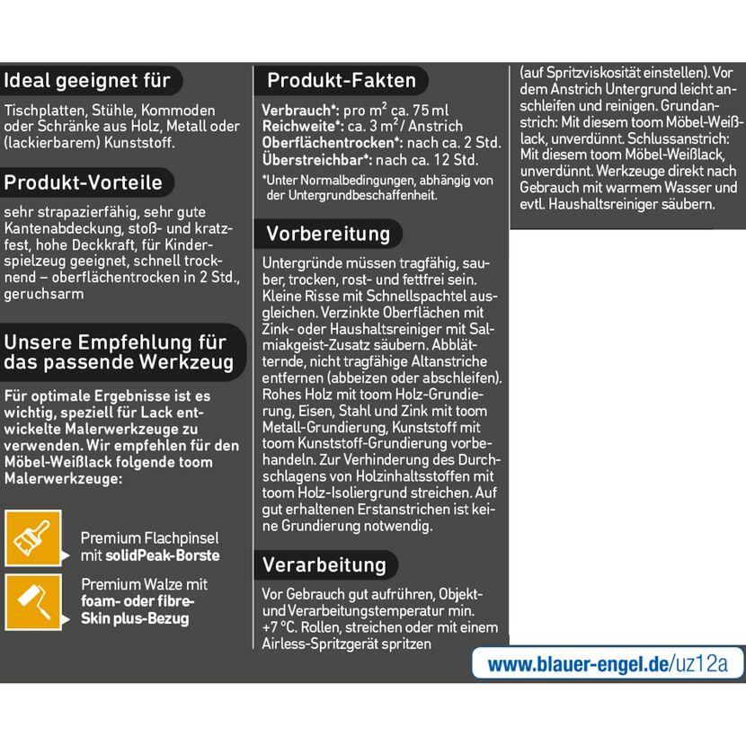 toom Möbel-Weißlack, Pinsel und Farbrolle