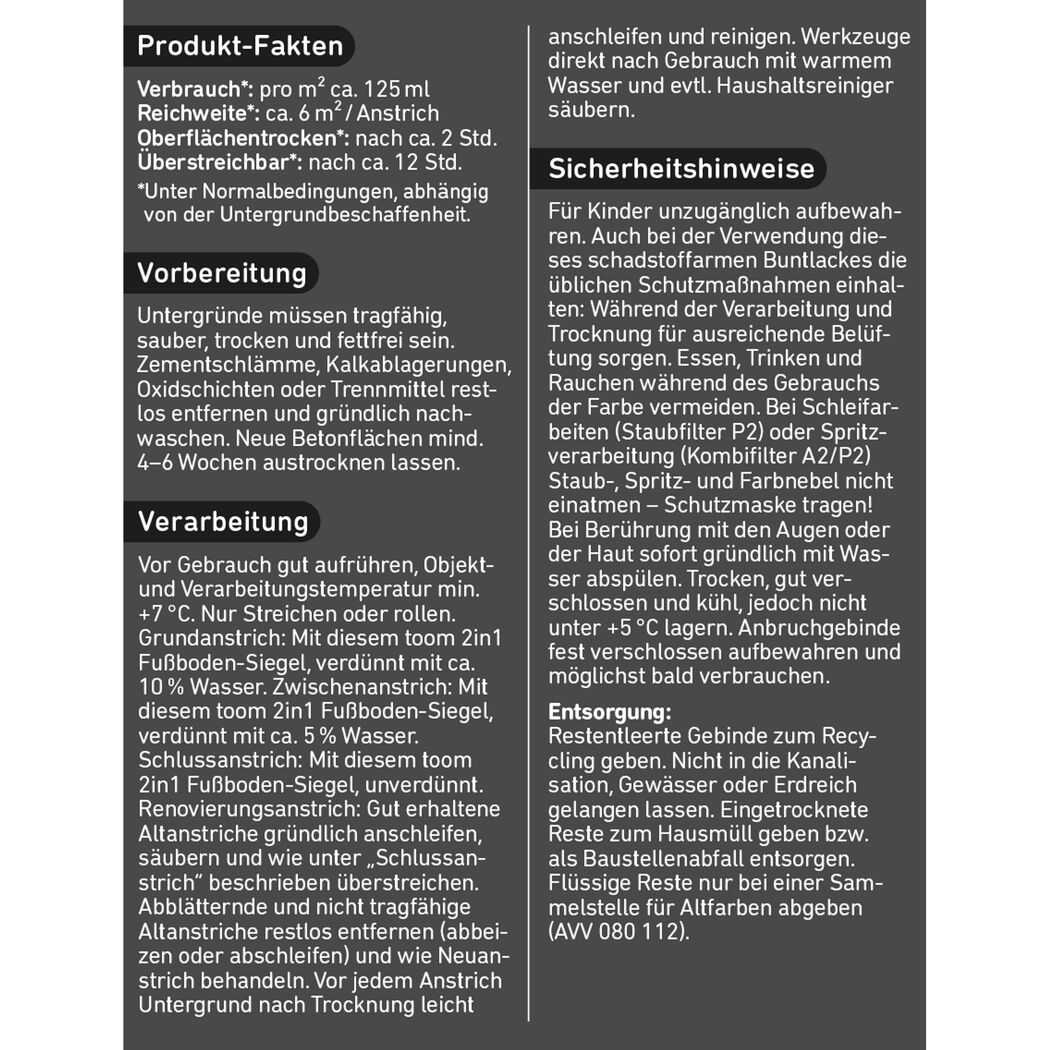 Produktinformation und Sicherheitshinweise für 2in1 Fußboden-Siegel
