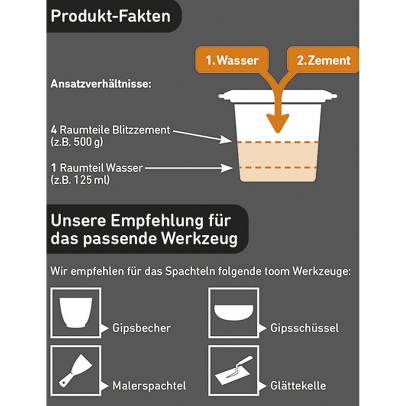 Anleitung: Zement und Wasser mischen. Werkzeug: Gipsbecher, Gipsschüssel, Malerspachtel, Glättekelle.