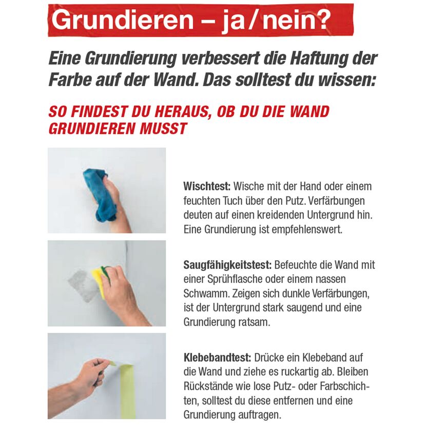 Drei Tests zur Prüfung der Notwendigkeit einer Grundierung.