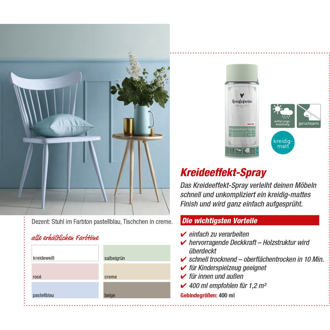 Weißer Stuhl und cremefarbener Tisch, im Hintergrund eine Dose Kreidefarbe Spray