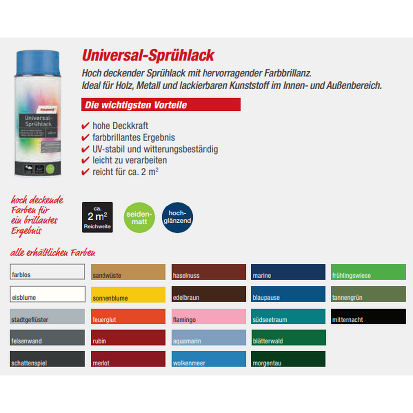 Hochdeckender Universal-Sprühlack in verschiedenen Farben