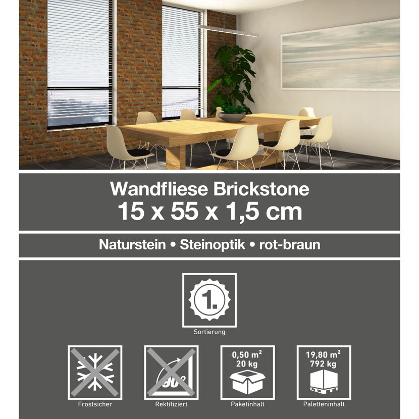 Wandfliese Brickstone rot-braun verlegt im Esszimmer