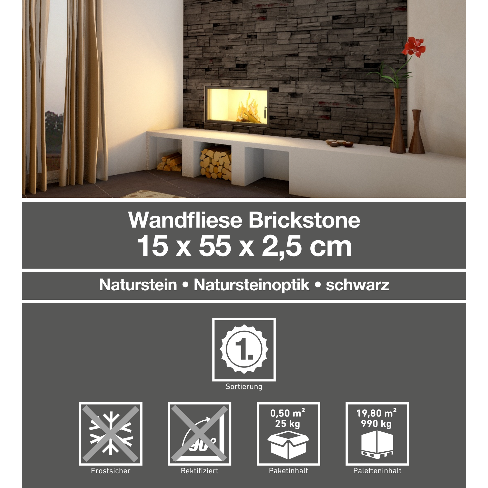 Wandfliese Brickstone schiefer nero 15x55cm + product picture