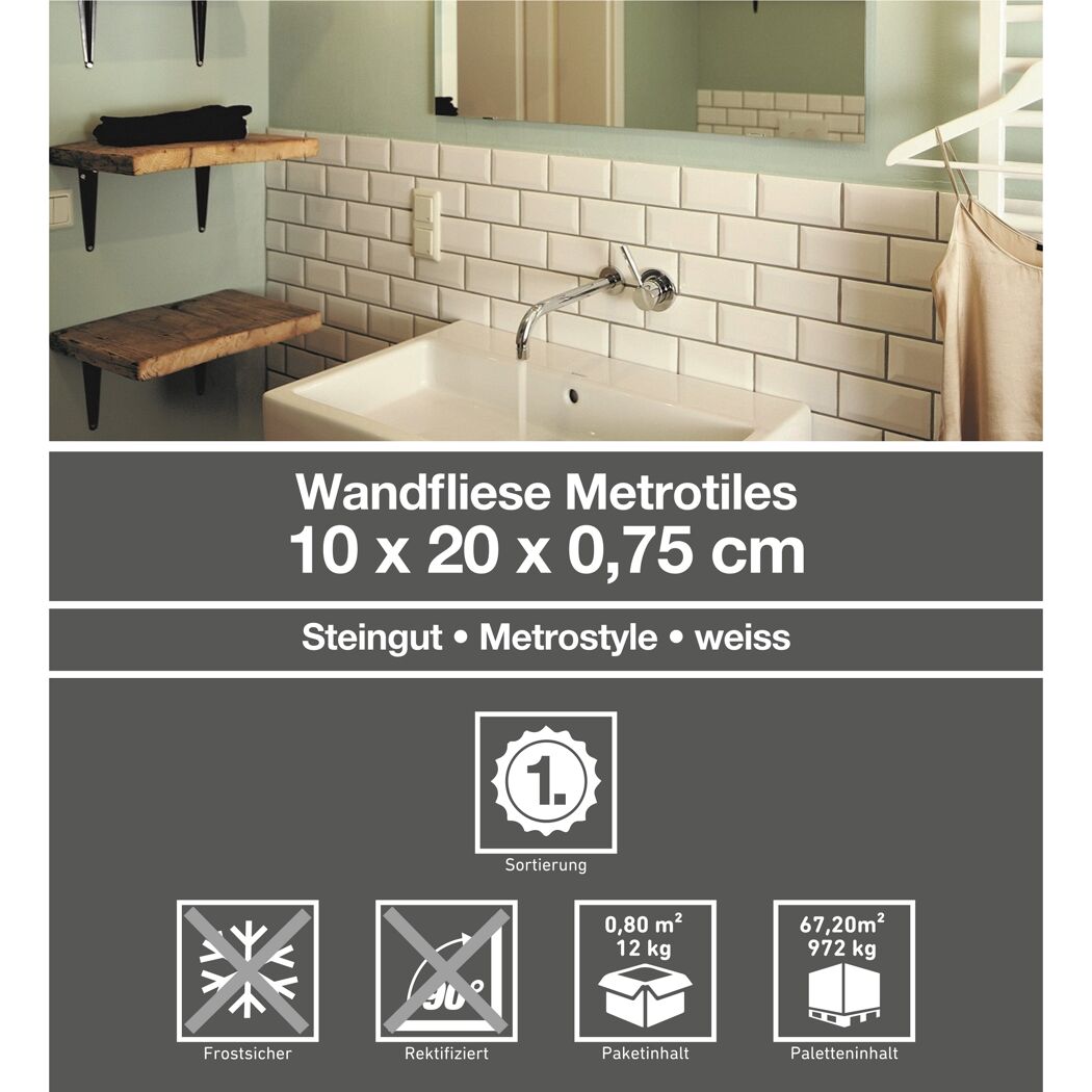 Wandfliese 'Metrotiles' Steinzeug weiß 10 x 20 cm