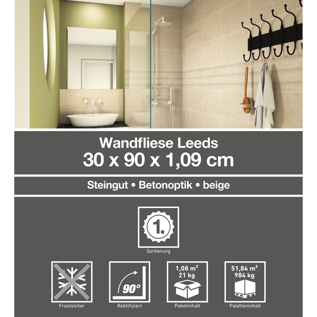 Wandfliese 'Leeds' Steingut taupe 30 x 90 cm