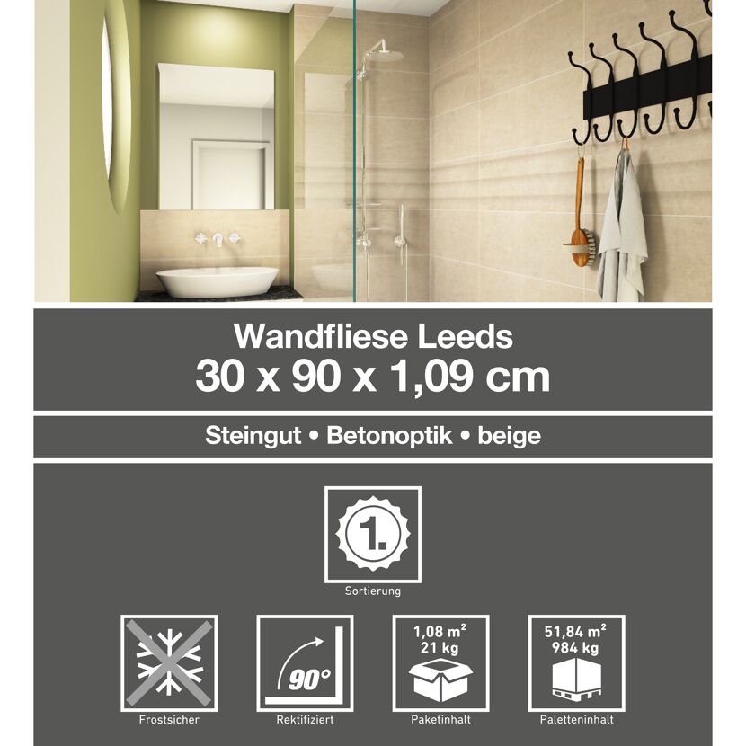 Wandfliese 'Leeds' Steingut taupe 30 x 90 cm