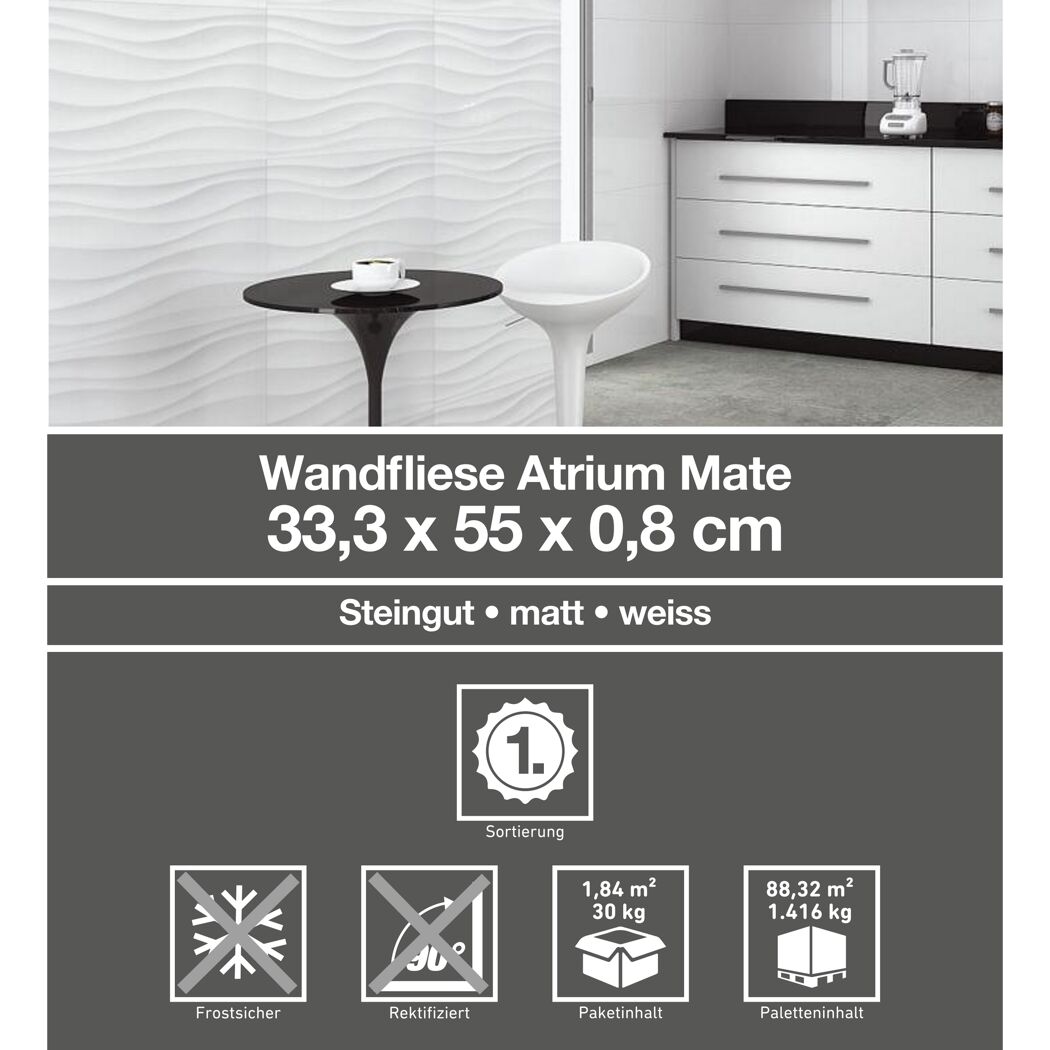 Wandfliese 'Atrium' Steingut weiß mate blanco 33,3 x 55 cm