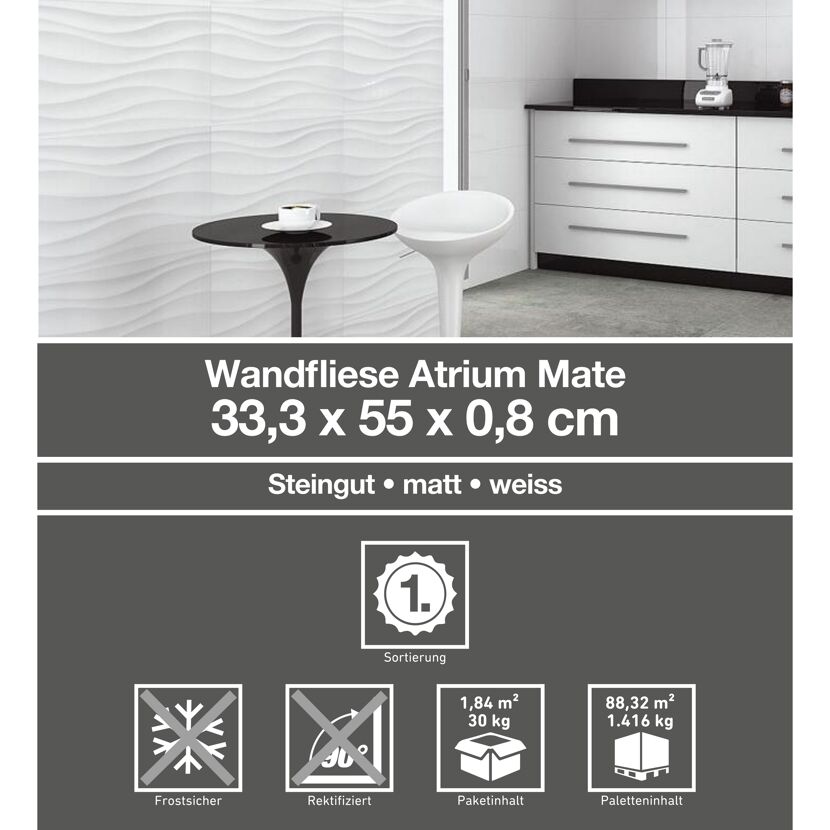 Wandfliese 'Atrium' Steingut weiß mate blanco 33,3 x 55 cm