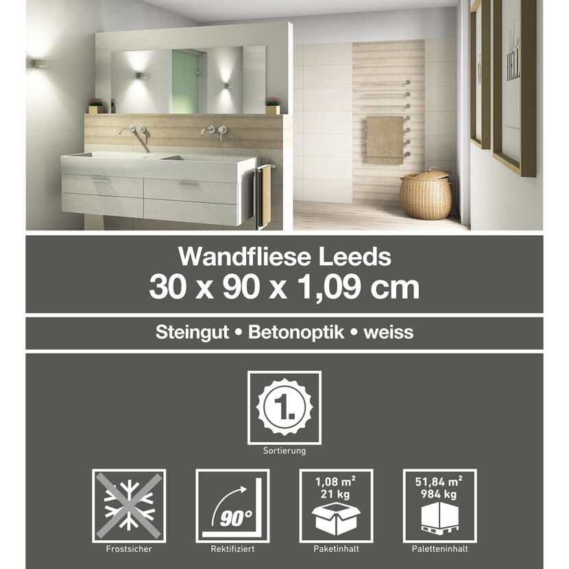 Badezimmer mit weißen Wandfliesen Leeds in Betonoptik