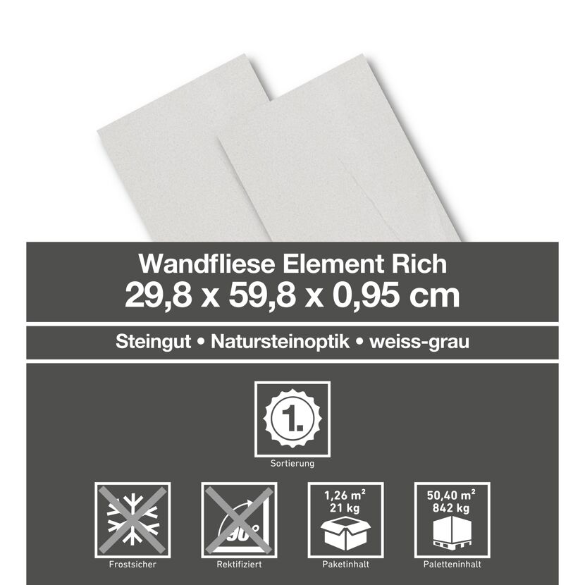 Wandfliese 'Element' Steingut weiß 30 x 60 cm