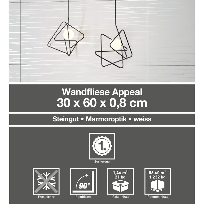 Wandfliese 'Appeal' Steingut weiß 30 x 60 cm