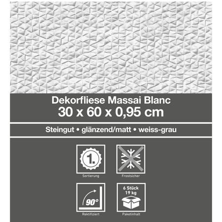 3. Bild von Dekorfliese 'Massai' weiß 30 x 60 cm
