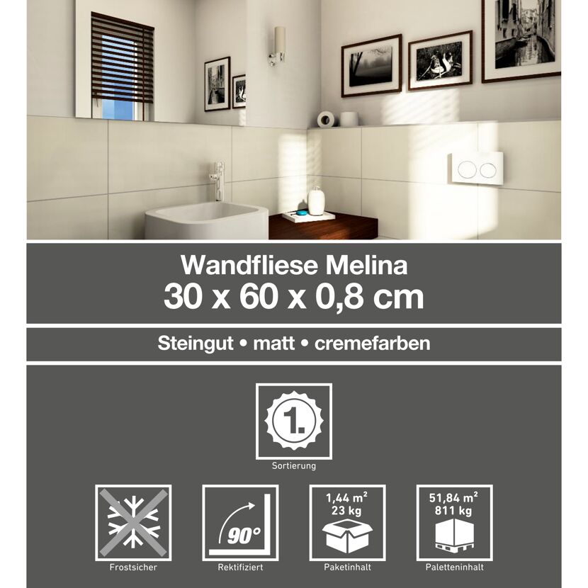 Cremefarbene Wandfliese Melina im Badezimmer