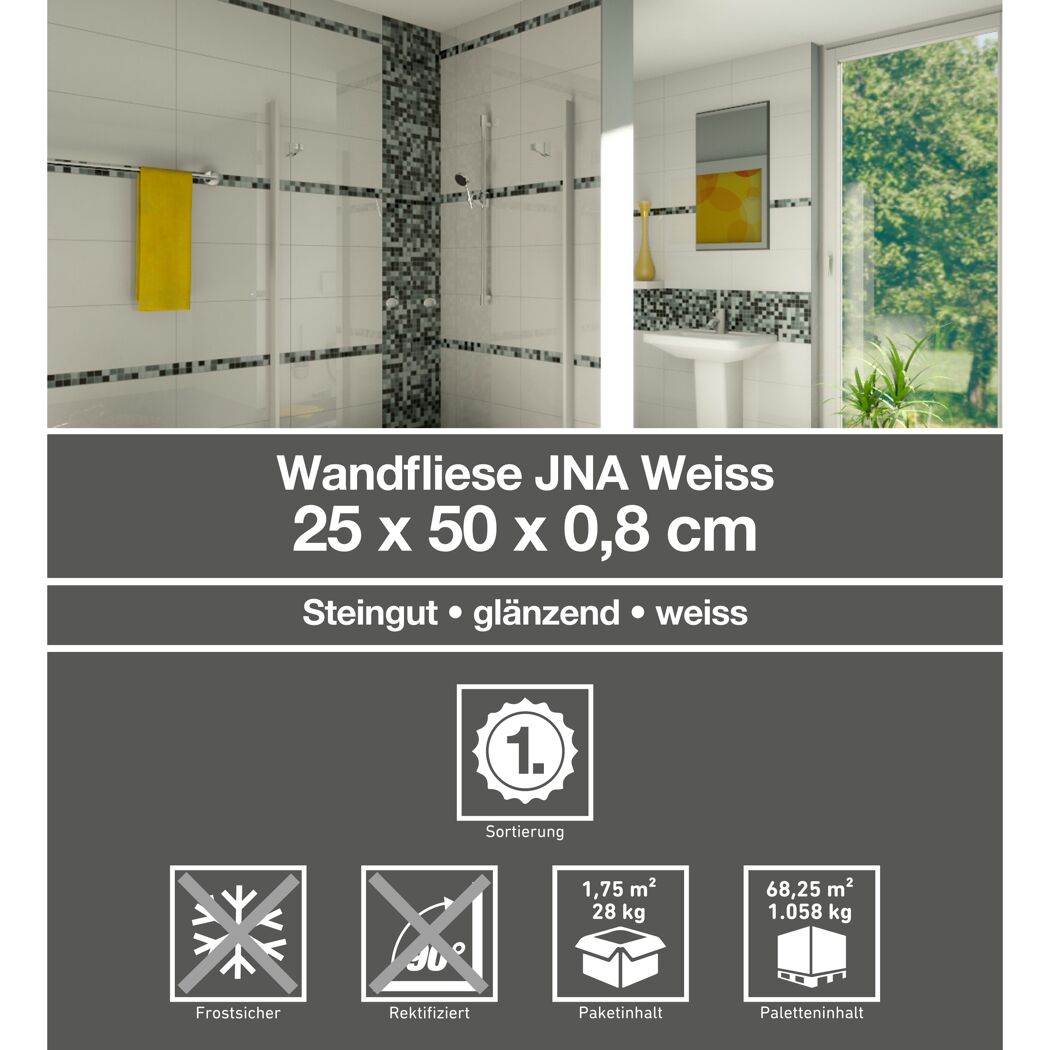 Weiße Fliesen im Badezimmer, 25 x 50 cm