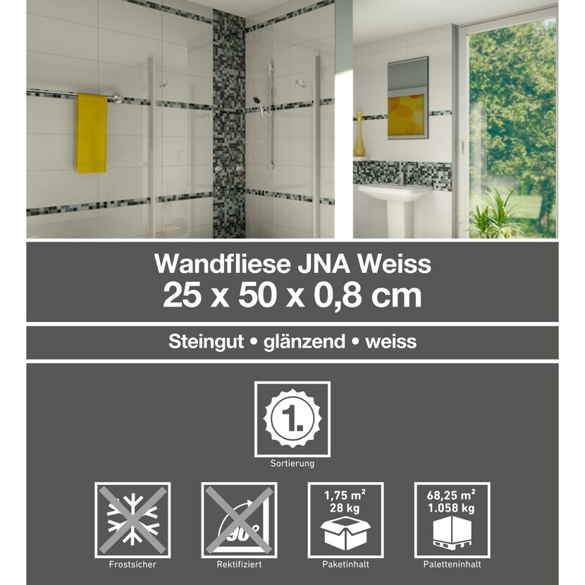 Weiße Fliesen im Badezimmer, 25 x 50 cm