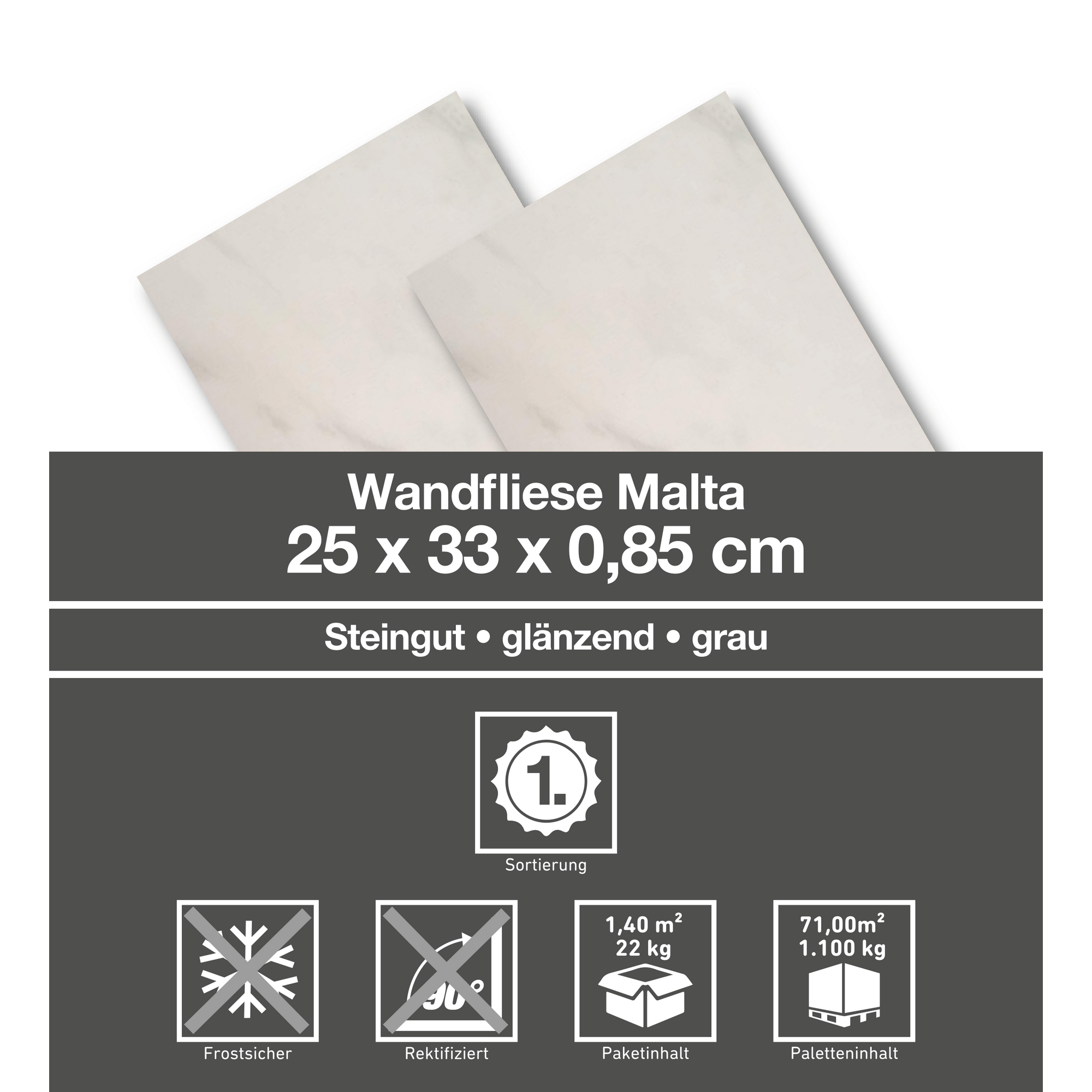 Wandfliese 'Malta' Steingut grau 25 x 33 cm + product picture