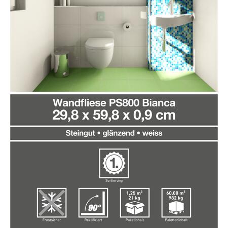 3. Bild von Wandfliese 'Bianca' Steingut weiß glänzend rektifiziert 29,8 x 59,8 cm