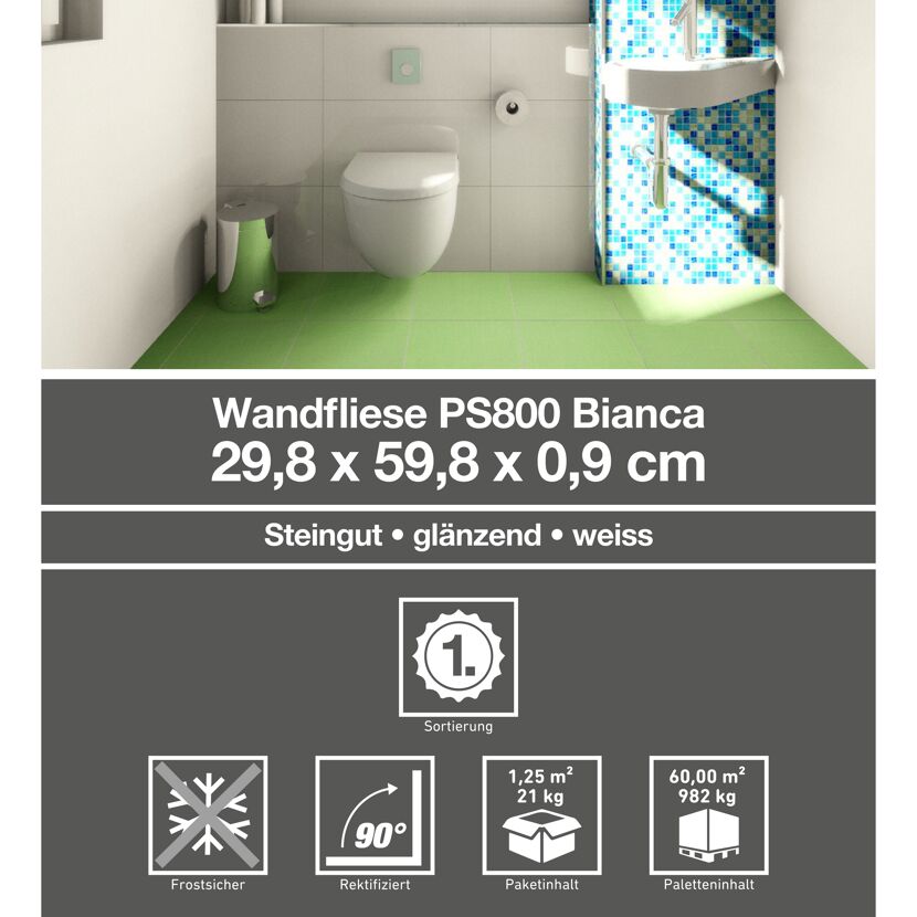 Weiß glänzende Wandfliese PS800 Bianca verlegt in einem Badezimmer.