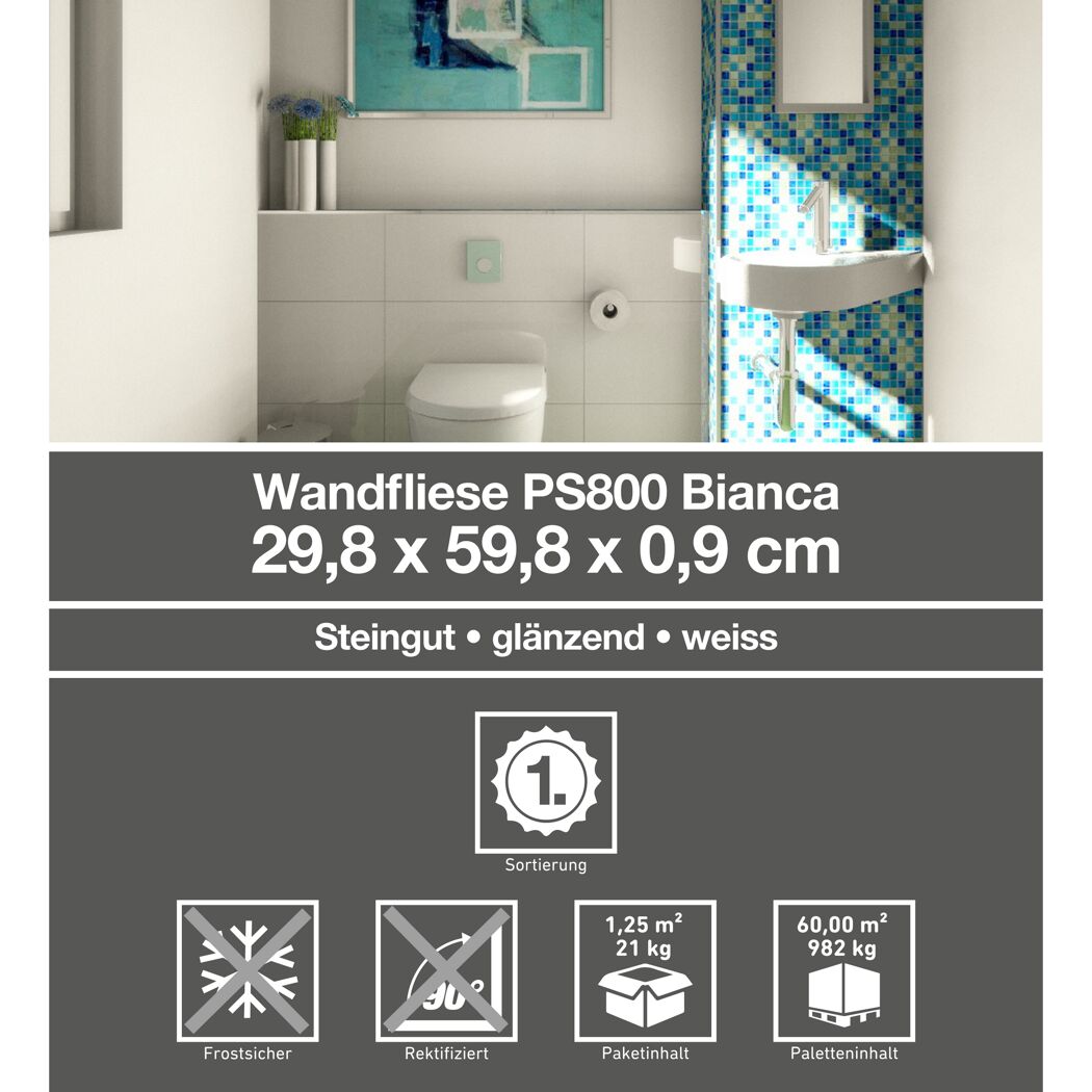 Weiße Wandfliese PS800 Bianca im Badezimmer