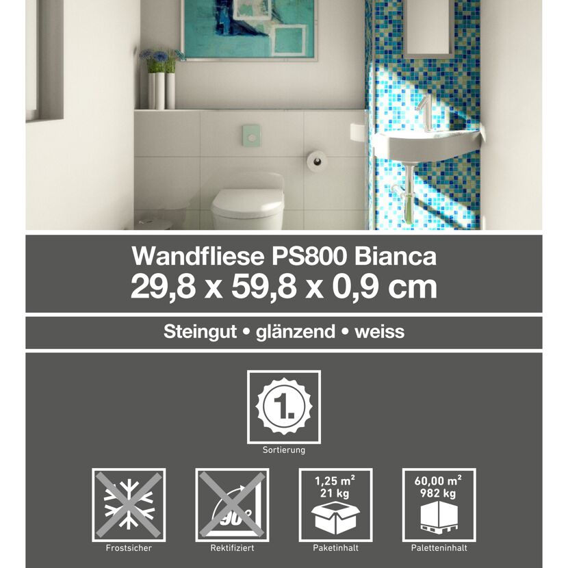 Weiße Wandfliese PS800 Bianca im Badezimmer