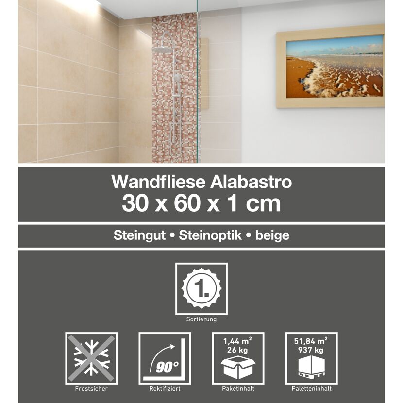 Beige Wandfliesen Alabastro in Badezimmer