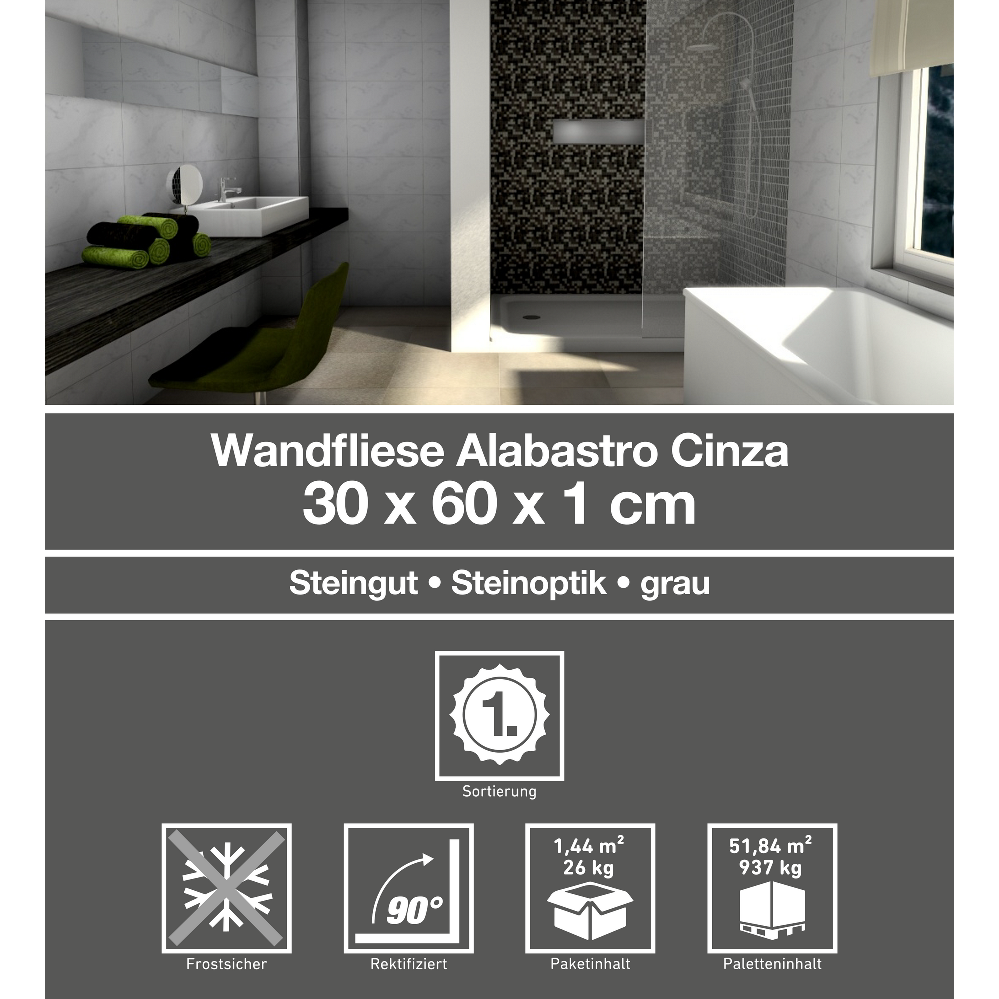 Wandfliese 'Alabastro' grau 30 x 60 cm + product picture