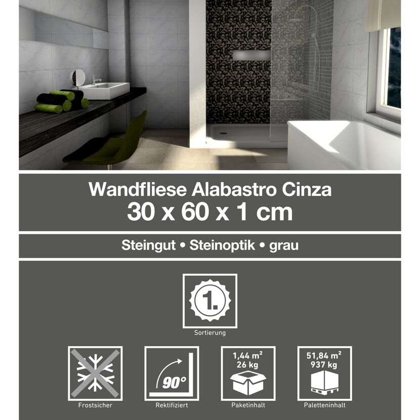 Graue Wandfliesen Alabastro Cinza in Badezimmer