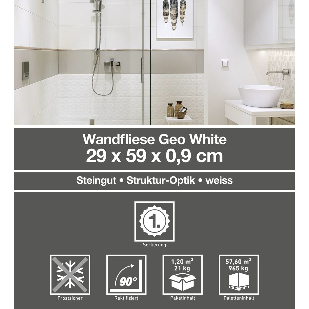 Weiße Wandfliesen Geo White in strukturierter Optik.
