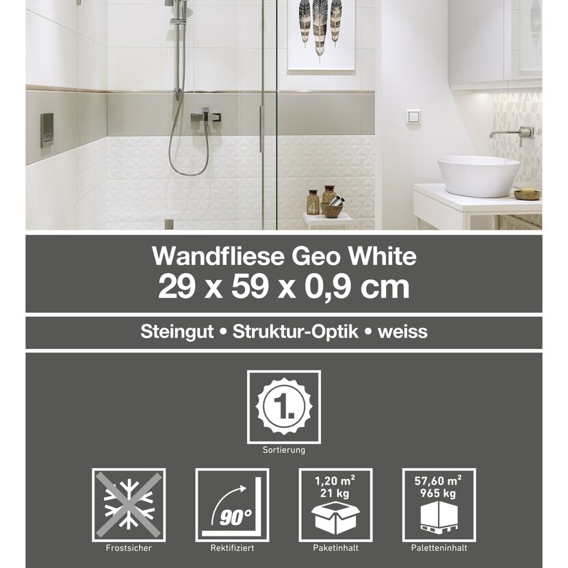 Weiße Wandfliesen Geo White in strukturierter Optik.