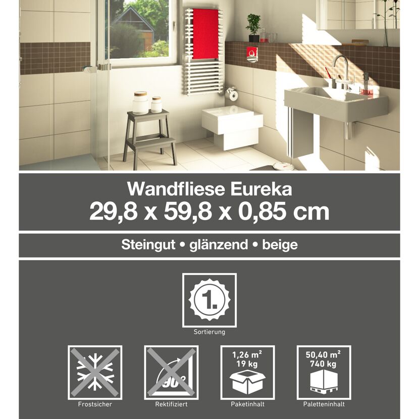 Beige glänzende Wandfliese Eureka in Badezimmer