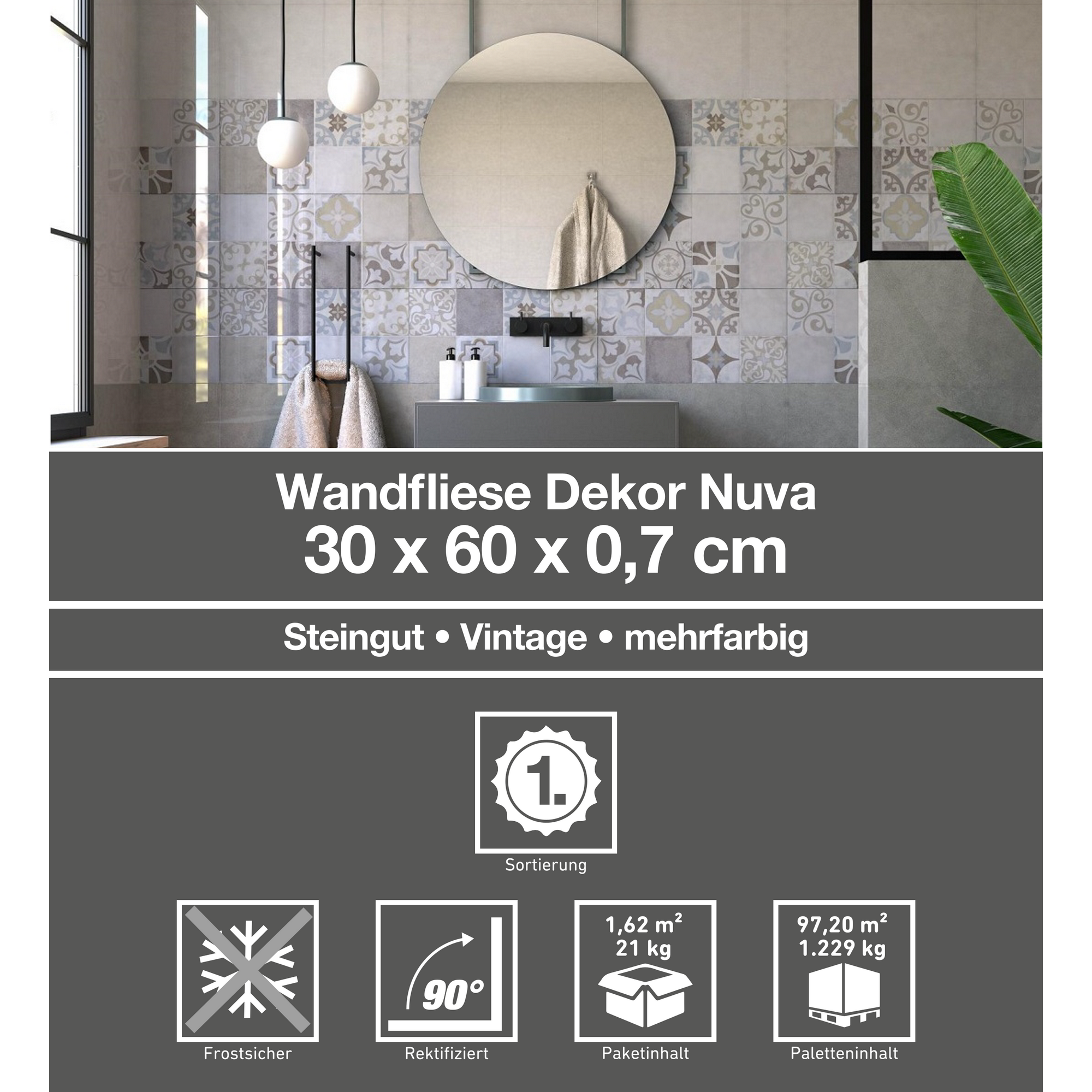 Wandfliese 'Nuva' Steingut mehrfarbig 30 x 60 cm + product picture