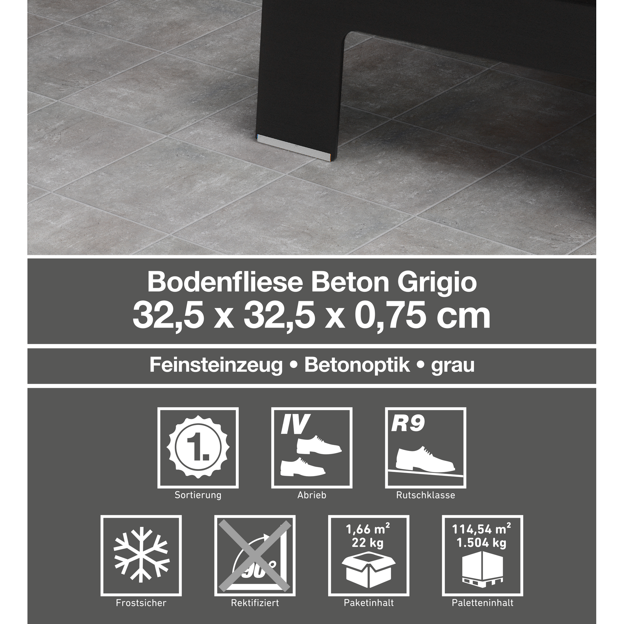 Bodenfliese 'Beton' Feinsteinzeug grau 32,5 x 32,5 cm + product picture