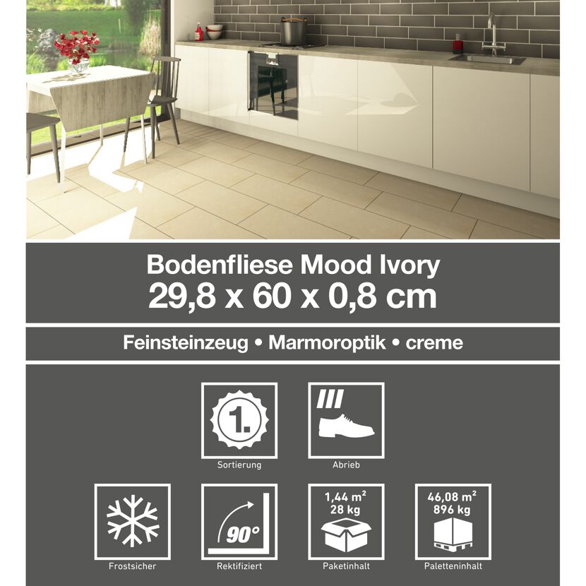 Bodenfliese Mood Ivory cremefarben in Küche verlegt