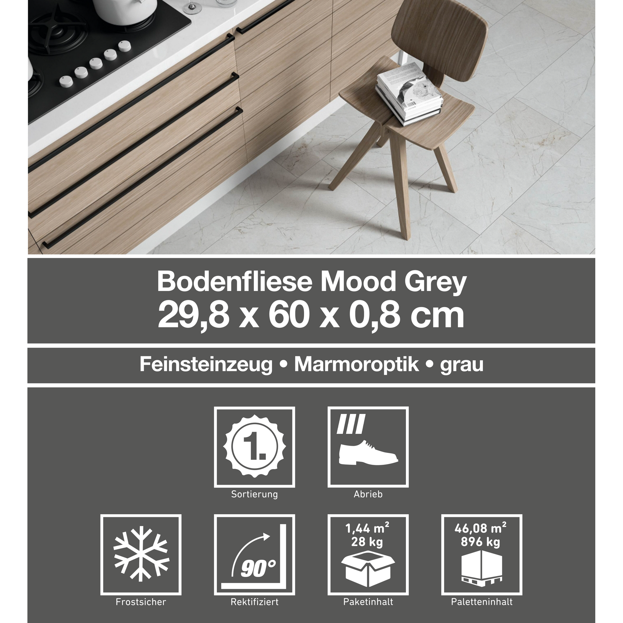 Bodenfliese 'Mood' Feinsteinzeug grau 29,8 x 60 cm + product picture