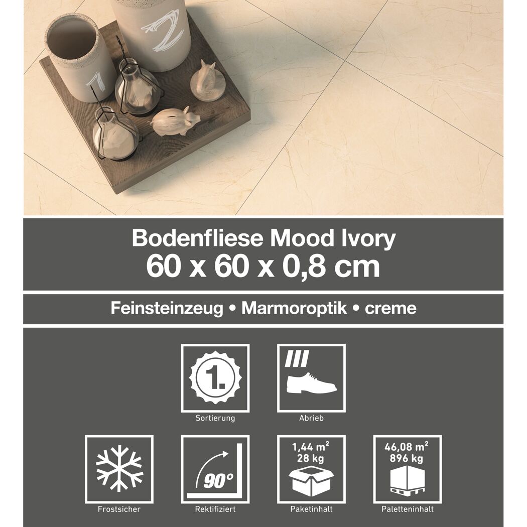Bodenfliese 'Mood' Feinsteinzeug ivory 60 x 60 cm