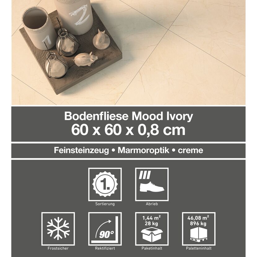 Bodenfliese 'Mood' Feinsteinzeug ivory 60 x 60 cm