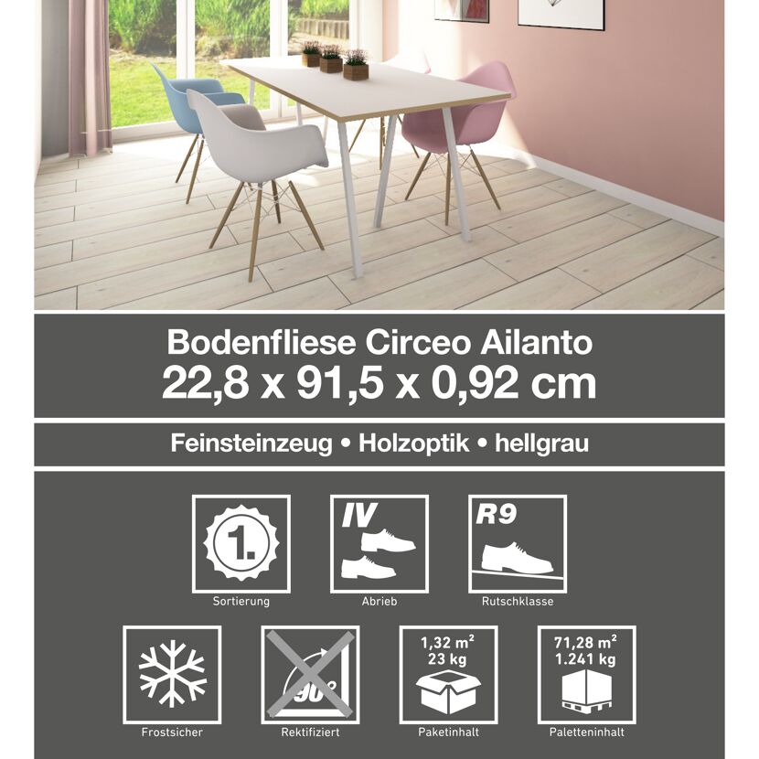 Bodenfliese Circeo Ailanto, hellgrau, Holzoptik