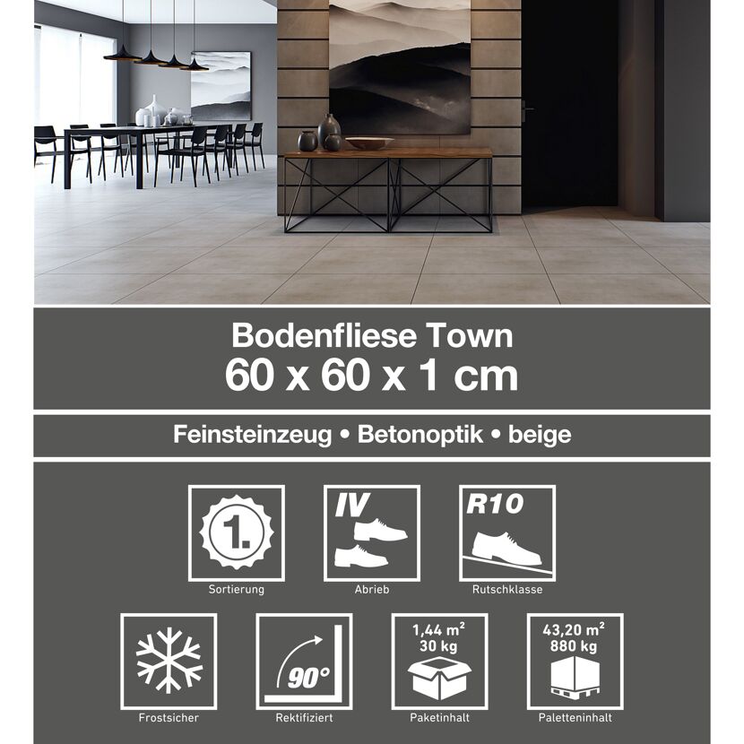 Beige Bodenfliese in Betonoptik verlegt in Esszimmer