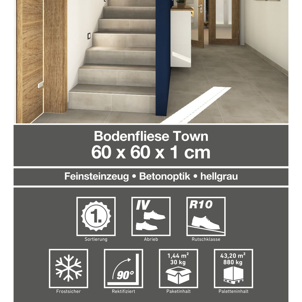 Hellgraue Bodenfliese Town an Treppe verlegt