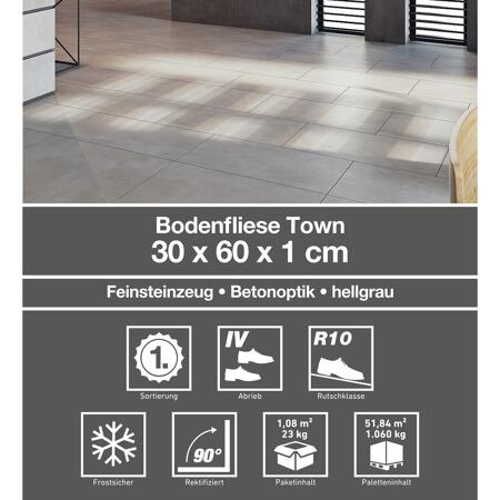 4. Bild von Bodenfliese 'Town' Feinsteinzeug hellgrau 30 x 60 cm