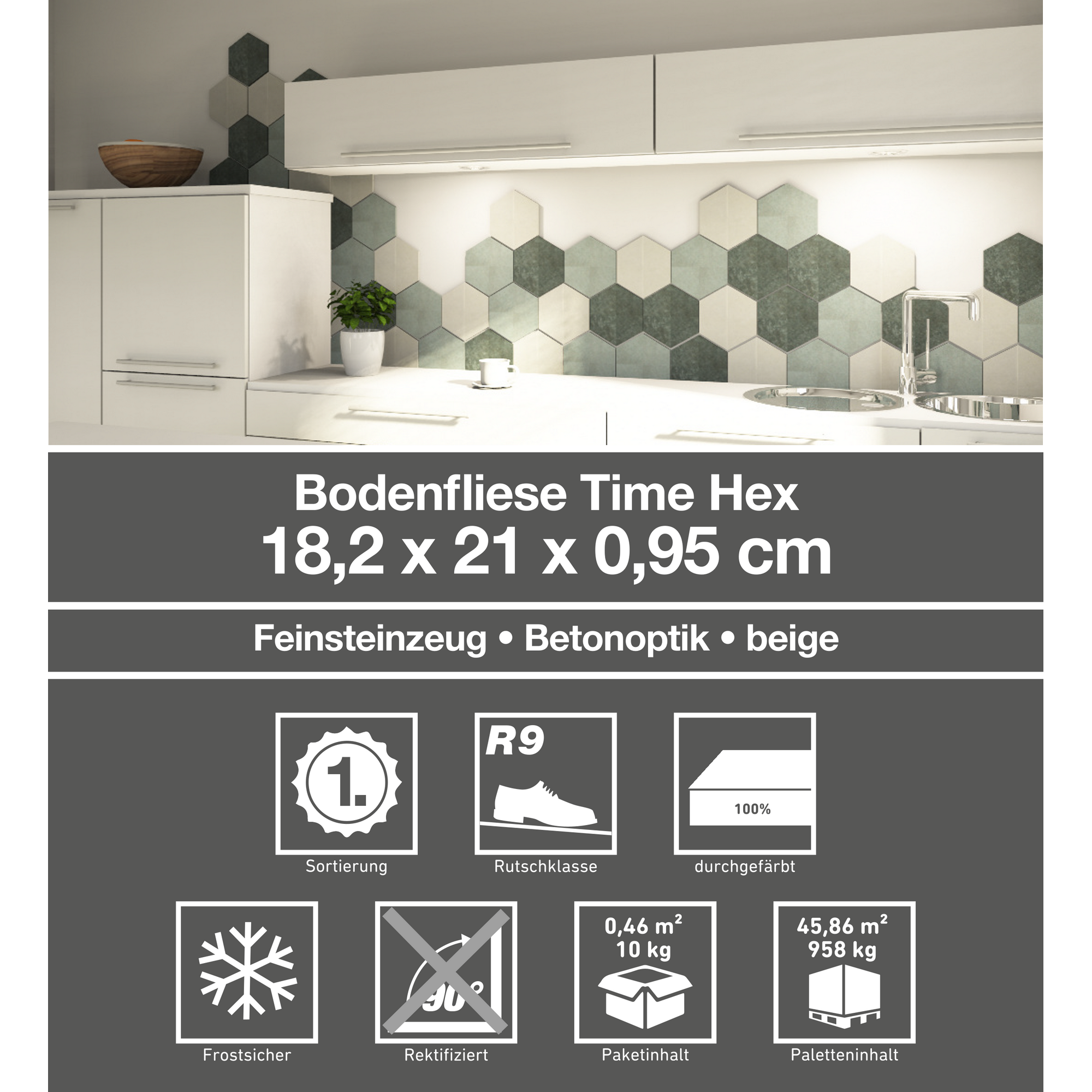 Bodenfliese 'Time Hex' Feinsteinzeug beige 18,2 x 21 cm + product picture